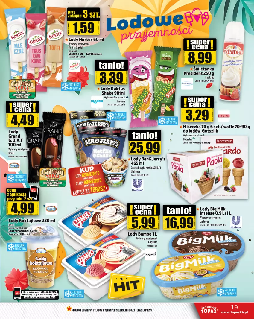 Gazetka promocyjna Topaz - Gazetka - ważna 16.05 do 22.05.2024 - strona 19 - produkty: Big Milk, Gra, Hortex, Kaktus, Lody, Miód, Miseczka, Ogród, Top, Wafle