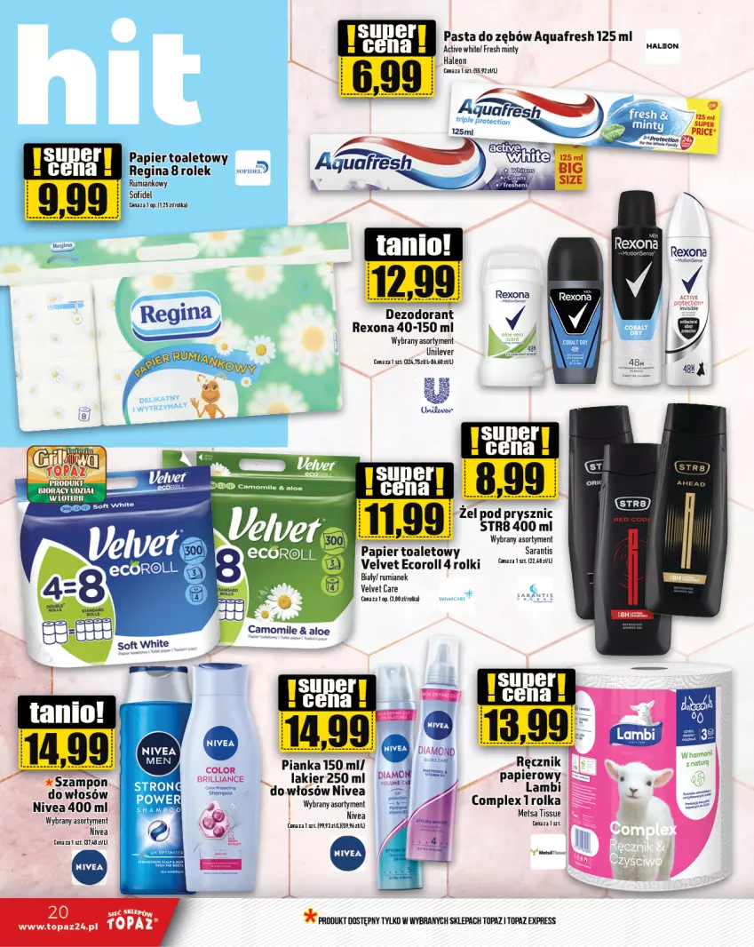 Gazetka promocyjna Topaz - Gazetka - ważna 16.05 do 22.05.2024 - strona 20 - produkty: Aquafresh, Dezodorant, Gin, Lakier, Leon, Nivea, Papier, Papier toaletowy, Pasta do zębów, Ręcznik, Rexona, Rum, Str8, Szampon, Top, Velvet