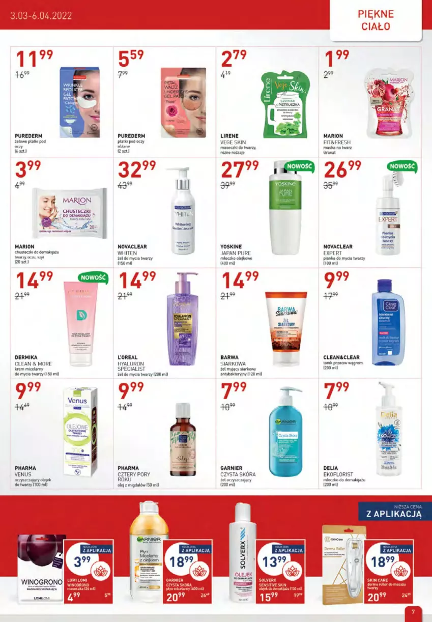 Gazetka promocyjna Drogerie Jawa - ważna 04.03 do 17.03.2022 - strona 7 - produkty: Chusteczki, Dermika, Fa, Garnier, Lirene, Makijaż, Maska, Miecz, Mleczko, Olej, Por, Pur, Róża, Szpinak, Tonik, Venus, Wino, Yoskine