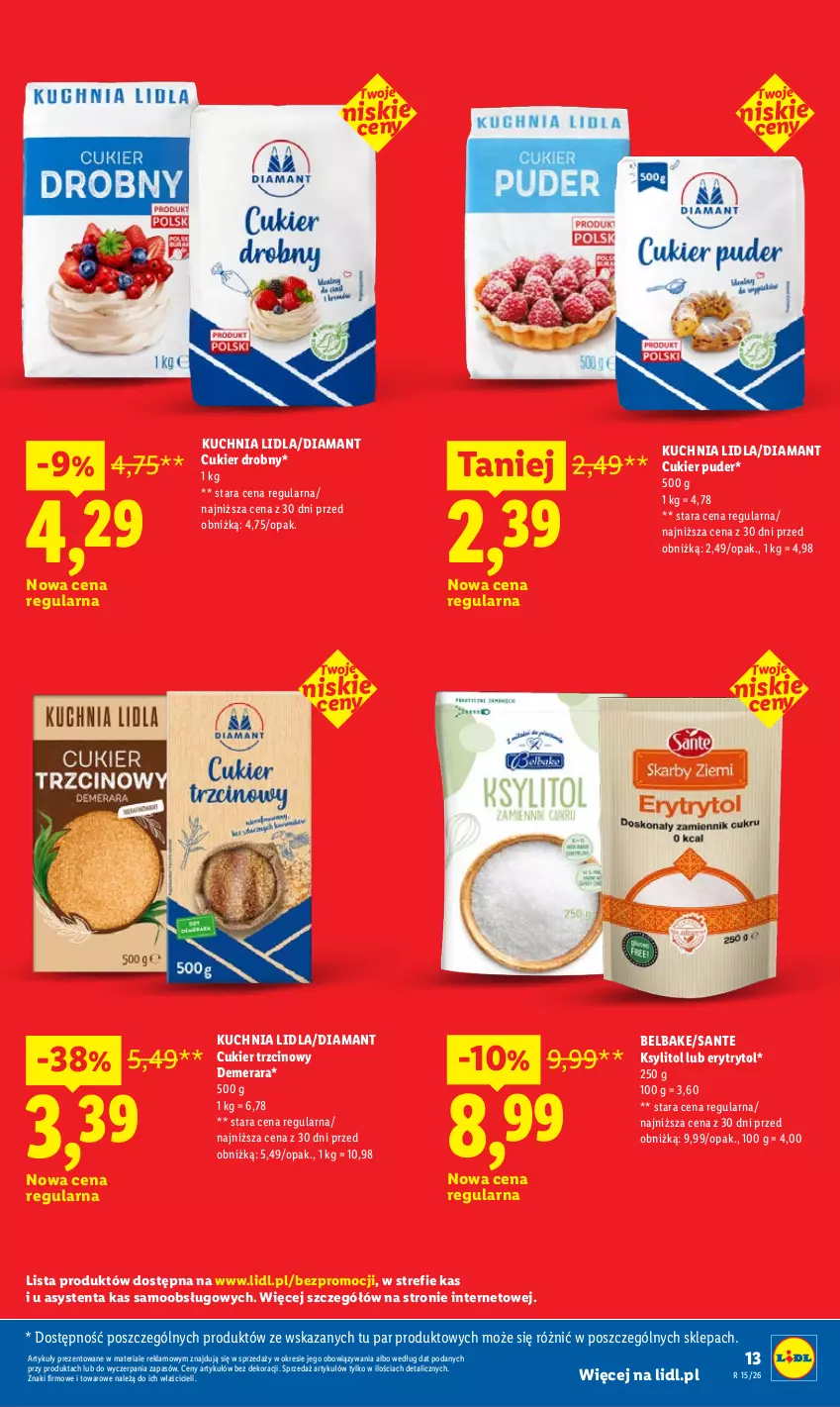 Gazetka promocyjna Lidl - Rewolucja cenowa! - ważna 09.05 do 31.05.2026 - strona 13 - produkty: Cukier, Cukier puder, Cukier trzcinowy, Diamant, Ksylitol, Kuchnia, Puder, Sante