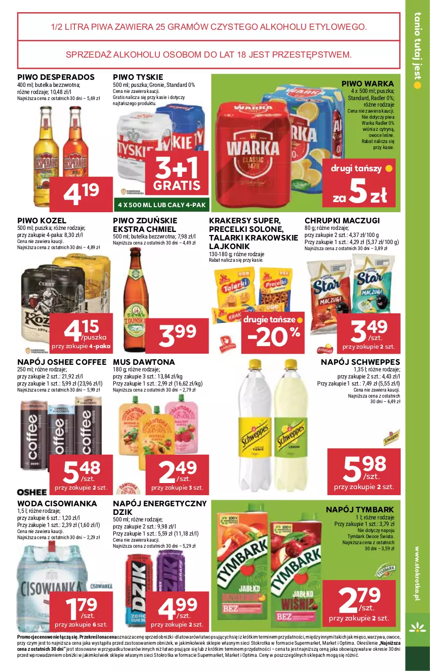Gazetka promocyjna Stokrotka - Supermarket - ważna 15.01 do 21.01.2026 - strona 21 - produkty: Chrupki, Cisowianka, Dawtona, Desperados, Gra, Kozel, Krakersy, Lajkonik, Mięso, Mus, Napój, Napój energetyczny, Optima, Oshee, Owoce, Piwa, Piwo, Precelki, Radler, Schweppes, Tymbark, Tyskie, Warka, Warzywa, Woda