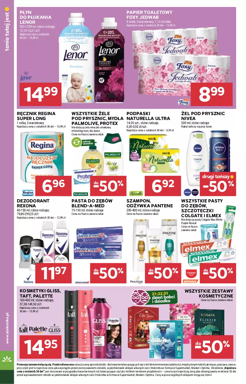 Gazetka promocyjna Stokrotka - Supermarket - ważna 15.01 do 21.01.2026 - strona 22 - produkty: Blend-a-Med, Colgate, Dezodorant, Dzieci, Elmex, Foxy, Gin, Lenor, LG, Mięso, Mleczko, Naturell, Naturella, Nivea, Odżywka, Optima, Owoce, Palette, Palmolive, Pantene, Papier, Papier toaletowy, Pasta do zębów, Płyn do płukania, Podpaski, Pur, Ręcznik, Rexona, Szampon, Taft, Warzywa