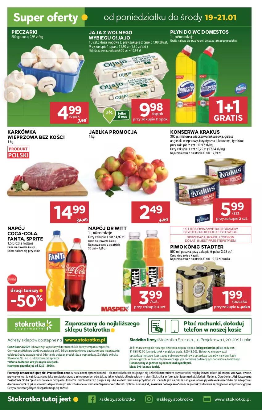 Gazetka promocyjna Stokrotka - Supermarket - ważna 15.01 do 21.01.2026 - strona 30 - produkty: Coca-Cola, Domestos, Dres, Fa, Fanta, Gra, Jabłka, Jaja, Jaja z wolnego wybiegu, JBL, Karkówka wieprzowa, König, Krakus, Mięso, Napój, O nas, Optima, Owoce, Piec, Piwa, Piwo, Płyn do wc, Ser, Sprite, Telefon, Wagi, Warzywa