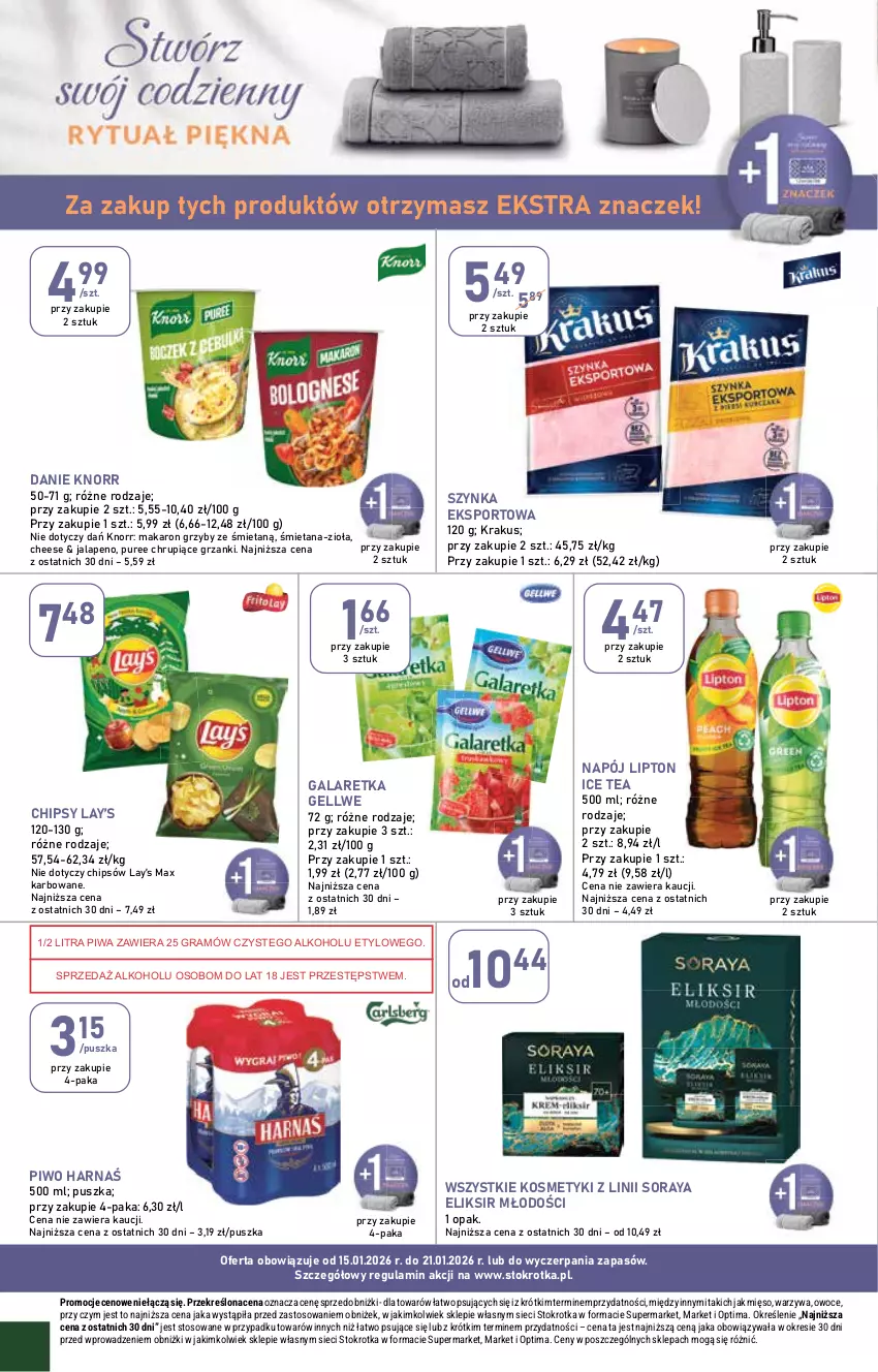 Gazetka promocyjna Stokrotka - Supermarket - ważna 15.01 do 21.01.2026 - strona 8 - produkty: Chipsy, Gala, Galaretka, Gra, Grzyby, Harnaś, Ice tea, Knorr, Krakus, Lay’s, Lipton, Makaron, Mięso, Napój, Optima, Owoce, Piwa, Piwo, Por, Pur, Sport, Szynka, Warzywa