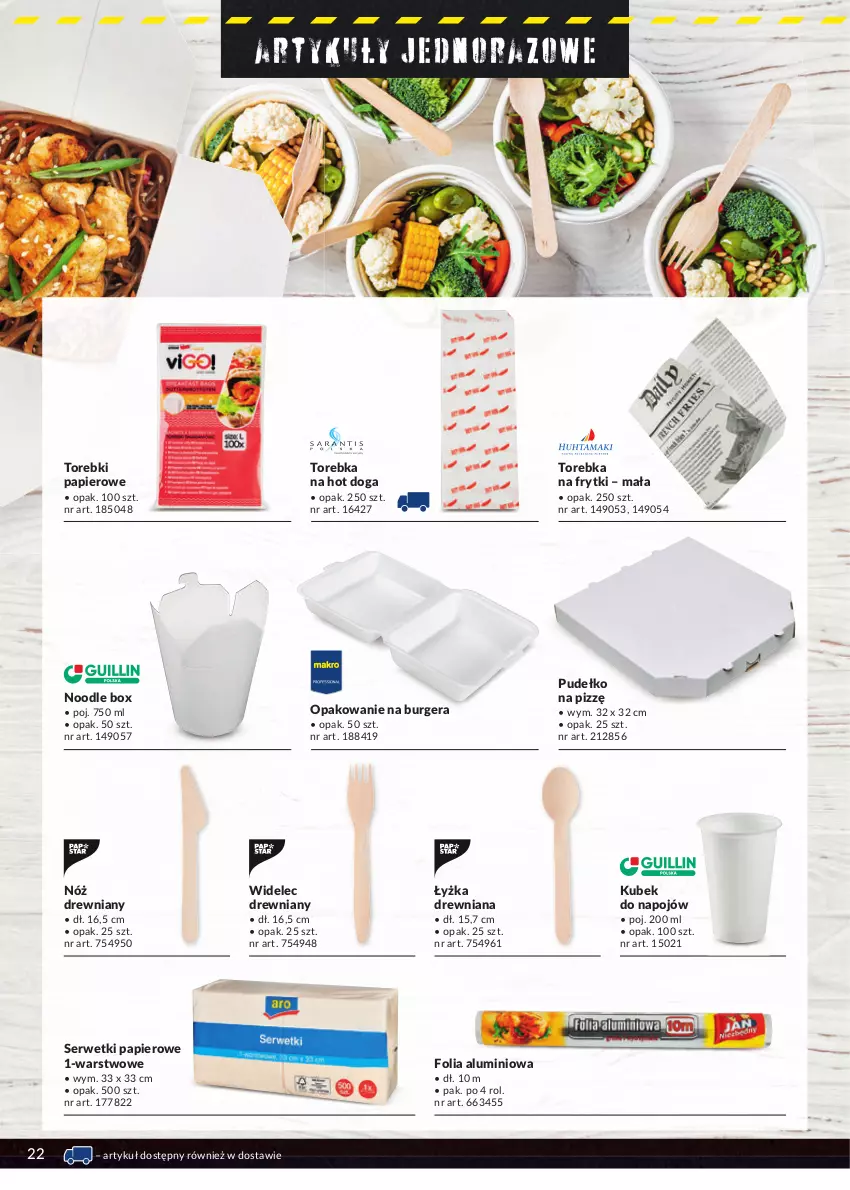 Gazetka promocyjna Makro - [Oferta specjalna] Street food - ważna 19.04 do 31.08.2022 - strona 22 - produkty: Burger, Folia aluminiowa, Frytki, Hot dog, Kubek, Papier, Pudełko, Ser, Serwetki, Serwetki papierowe, Torebka, Widelec