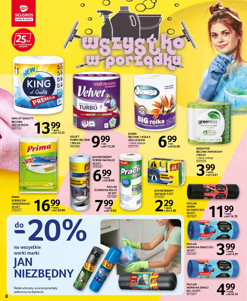 Gazetka promocyjna Selgros - Katalog Sprzątanie - ważna 03.03 do 16.03.2022 - strona 8 - produkty: Jan Niezbędny, Papier, Prima, Ręcznik, Rolki, Velvet, Worki na śmiec, Worki na śmieci