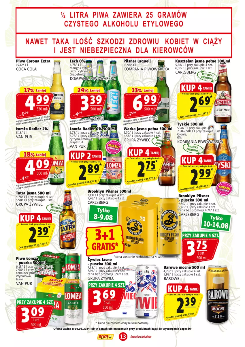 Gazetka promocyjna Prim Market - ważna 08.08 do 14.08.2024 - strona 13 - produkty: Carlsberg, Corona Extra, Gra, Kasztelan, Liczi, Limonka, Mango, Piec, Pilsner Urquell, Piwa, Piwo, Pur, Radler, Tatra, Tyskie, Warka, Wyborowa