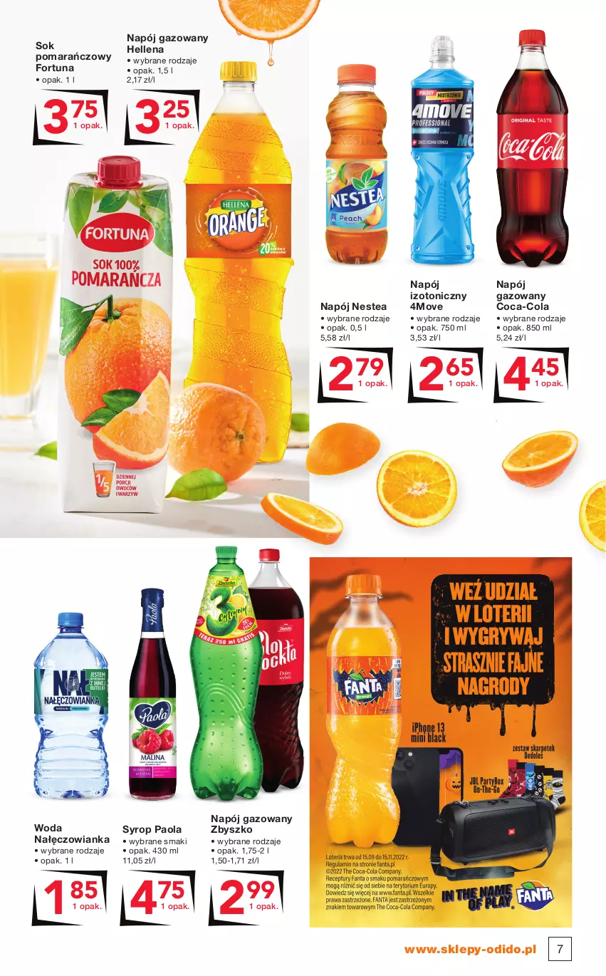 Gazetka promocyjna Odido - Gazetka - ważna 23.09 do 06.10.2022 - strona 7 - produkty: Coca-Cola, Fortuna, Hellena, Nałęczowianka, Napój, Napój gazowany, Napój izotoniczny, Nestea, Paola, Sok, Sok pomarańczowy, Syrop, Woda