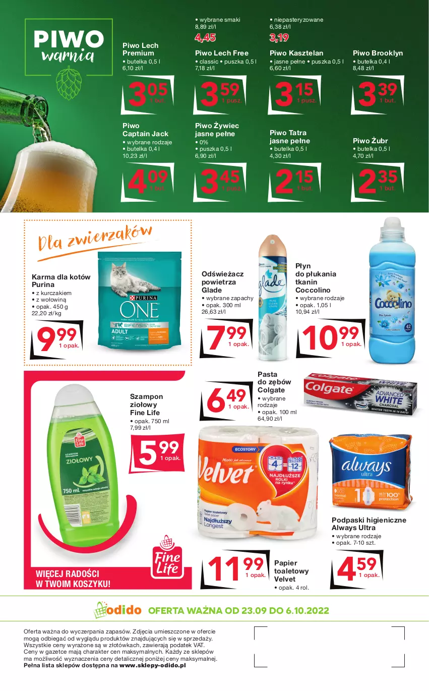 Gazetka promocyjna Odido - Gazetka - ważna 23.09 do 06.10.2022 - strona 8 - produkty: Always, Always Ultra, Captain Jack, Coccolino, Colgate, Kasztelan, Kosz, Kurczak, Lech Premium, LG, Odświeżacz powietrza, Papier, Papier toaletowy, Pasta do zębów, Piwo, Płyn do płukania, Podpaski, Pur, Purina, Szampon, Tatra, Velvet