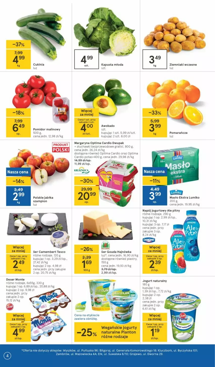 Gazetka promocyjna Tesco - Tesco gazetka - przyszły tydzień - ważna 06.04 do 14.04.2021 - strona 4 - produkty: Camembert, Deser, Gouda, Gra, Jabłka, Jogurt, Jogurt naturalny, Margaryna, Masło, Monte, Optima, Optima Cardio, Pomarańcze, Ser, Szampion, Ziemniaki