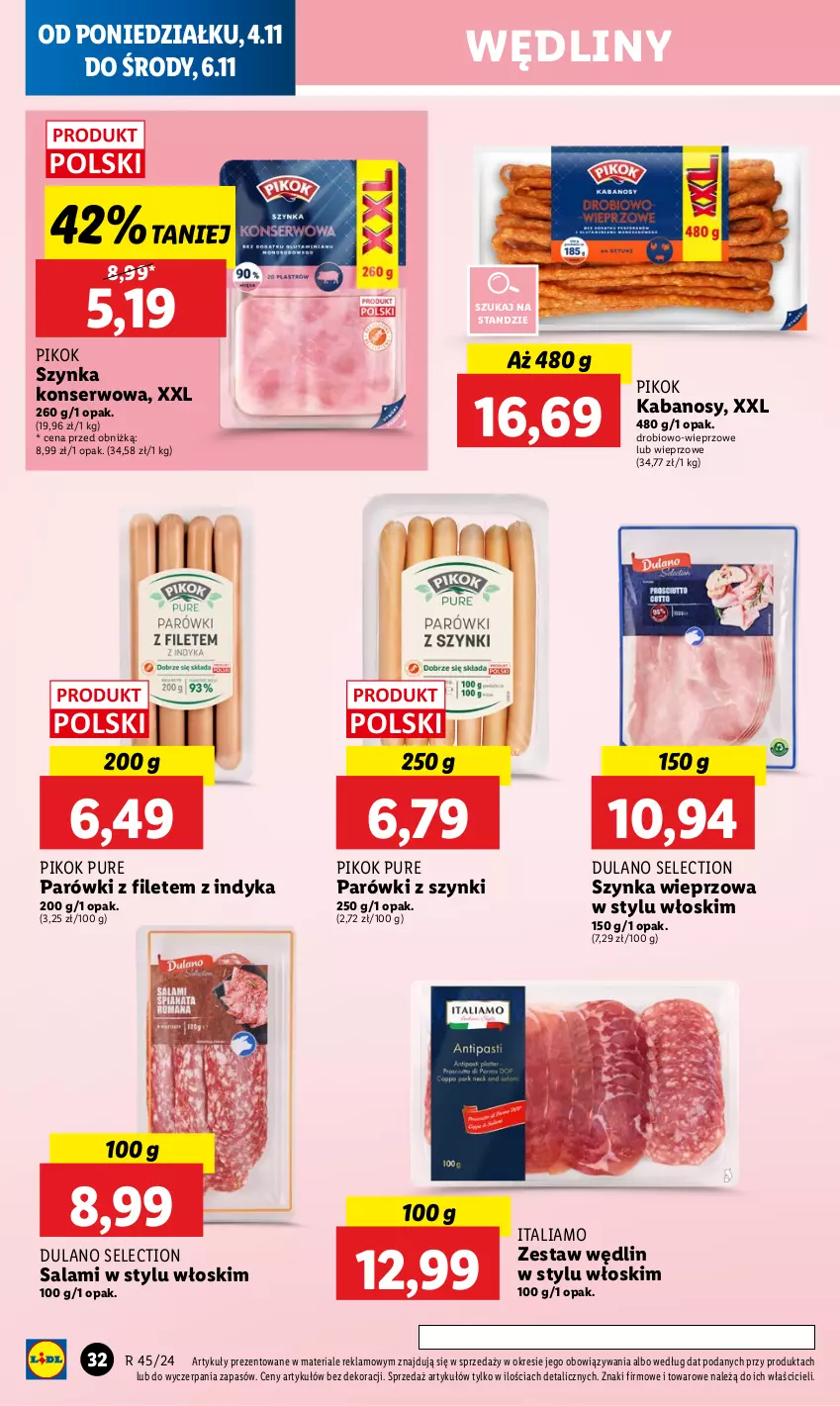 Gazetka promocyjna Lidl - GAZETKA - ważna 04.11 do 06.11.2024 - strona 36 - produkty: Dulano, Kabanos, Parówki, Parówki z szynki, PIKOK, Pur, Salami, Ser, Szynka, Szynka konserwowa, Szynka wieprzowa