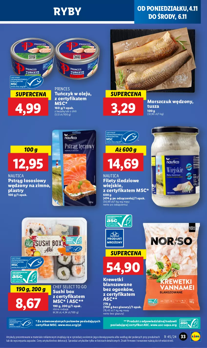 Gazetka promocyjna Lidl - GAZETKA - ważna 04.11 do 06.11.2024 - strona 37 - produkty: Bazyl, Krewetki, Lazur, Olej, Pstrąg, Pstrąg łososiowy, Sos, Sushi, Tuńczyk, Tusz