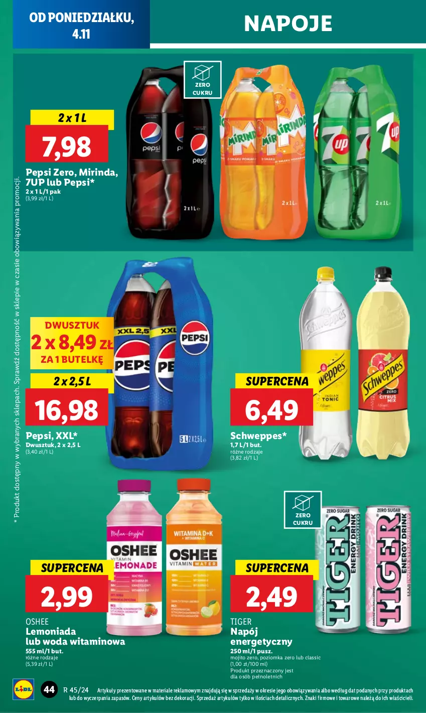 Gazetka promocyjna Lidl - GAZETKA - ważna 04.11 do 06.11.2024 - strona 46 - produkty: 7up, Lemoniada, Mirinda, Napój, Napój energetyczny, Napoje, Oshee, Pepsi, Schweppes, Tiger, Woda