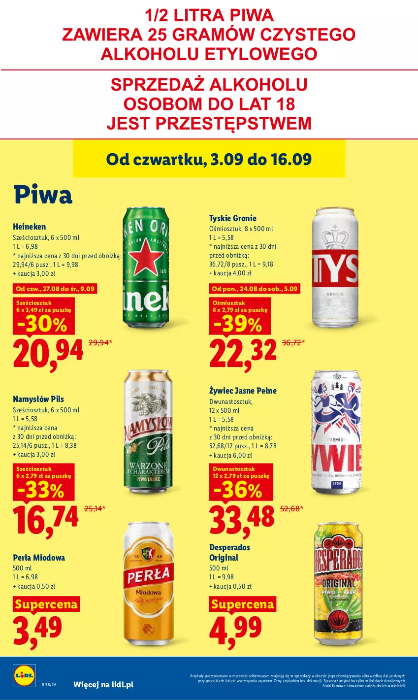 Gazetka promocyjna Lidl - Gazetka ważna od 3.09 do 5.09 - ważna 03.09 do 05.09.2026 - strona 70 - produkty: Desperados, Gin, Heineken, Namysłów, Perła, Piwa, Tyskie