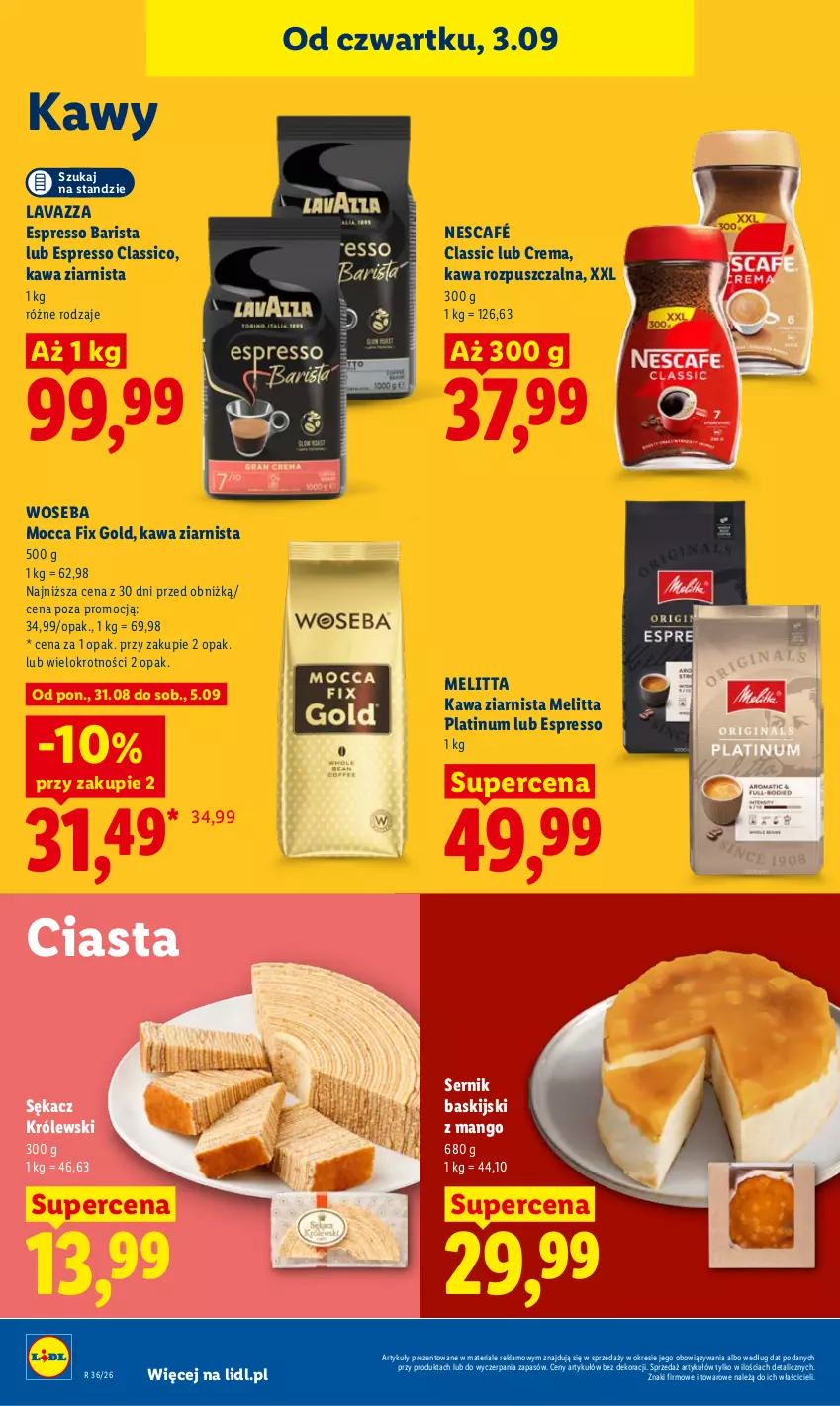 Gazetka promocyjna Lidl - Gazetka ważna od 3.09 do 5.09 - ważna 03.09 do 05.09.2026 - strona 82 - produkty: Kawa, Kawa rozpuszczalna, Kawa ziarnista, Królewski, Lavazza, Mango, Mocca Fix Gold, Nescafé, Sękacz, Ser, Woseba