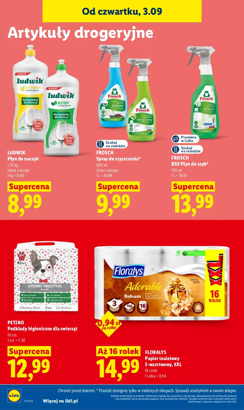 Gazetka promocyjna Lidl - Gazetka ważna od 3.09 do 5.09 - ważna 03.09 do 05.09.2026 - strona 88 - produkty: Flora, Frosch, Ludwik, Papier, Papier toaletowy, Płyn do szyb, Podkład, Spray do czyszczenia