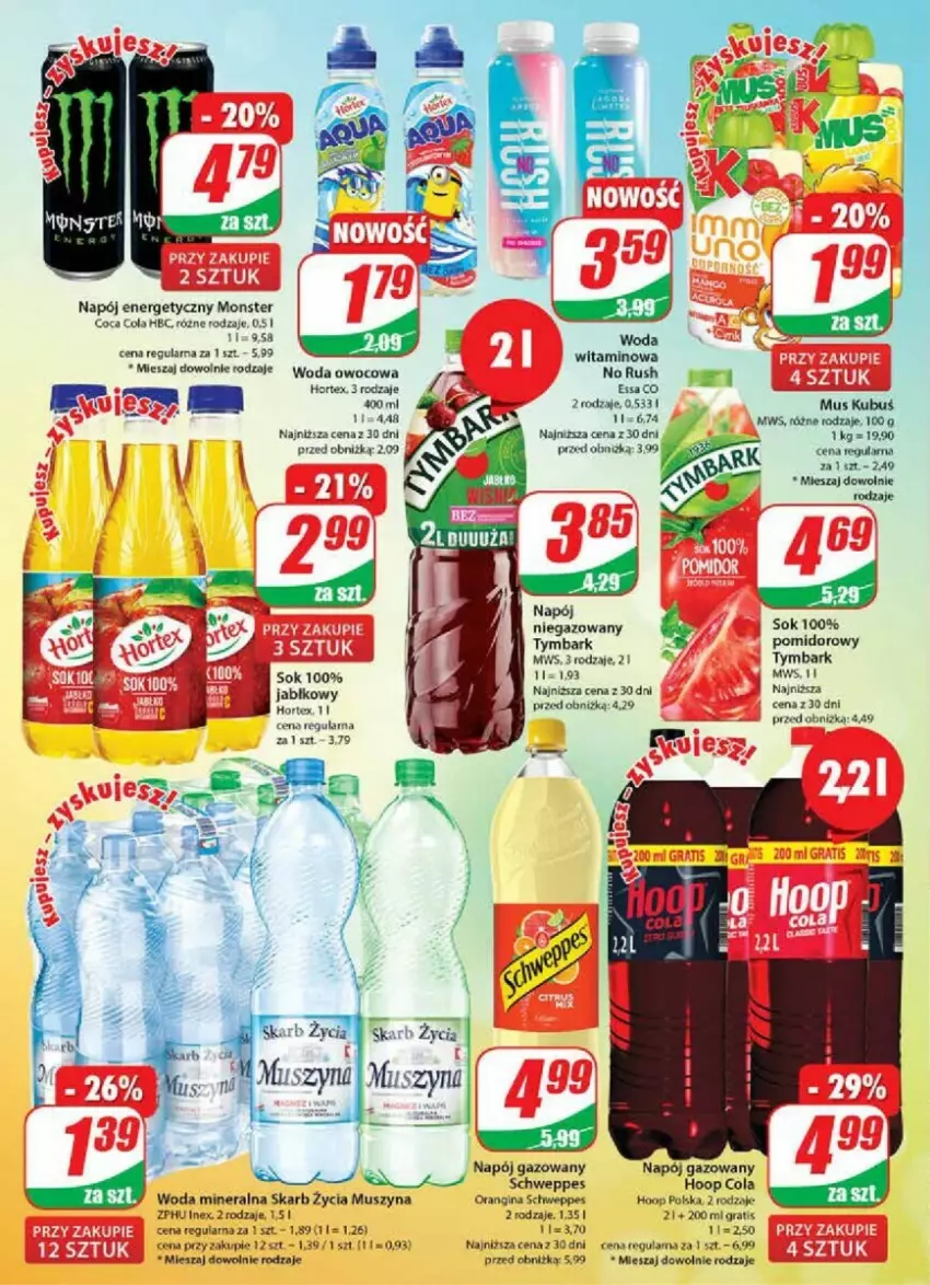 Gazetka promocyjna Dino - ważna 18.10 do 24.10.2023 - strona 12 - produkty: Gin, Gra, Hoop, Hortex, Kubuś, Mus, Napój, Napój energetyczny, Napój gazowany, Schweppes, Sok, Szyna, Tymbark, Woda, Woda mineralna