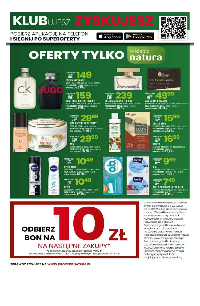 Gazetka promocyjna Drogerie Natura - Gazetka Drogerie Natura - ważna 03.01 do 31.01.2023 - strona 23 - produkty: Bell, Bella, Calvin Klein, Dezodorant, Dres, Fa, Farba do włosów, Hugo Boss, JBL, Masło, Masło do ciała, Max Factor, Olej, Perfecta, Perfum, Podkład, Podpaski, SESSIO, Szampon, Telefon, The ONE, Woda, Woda perfumowana, Woda toaletowa