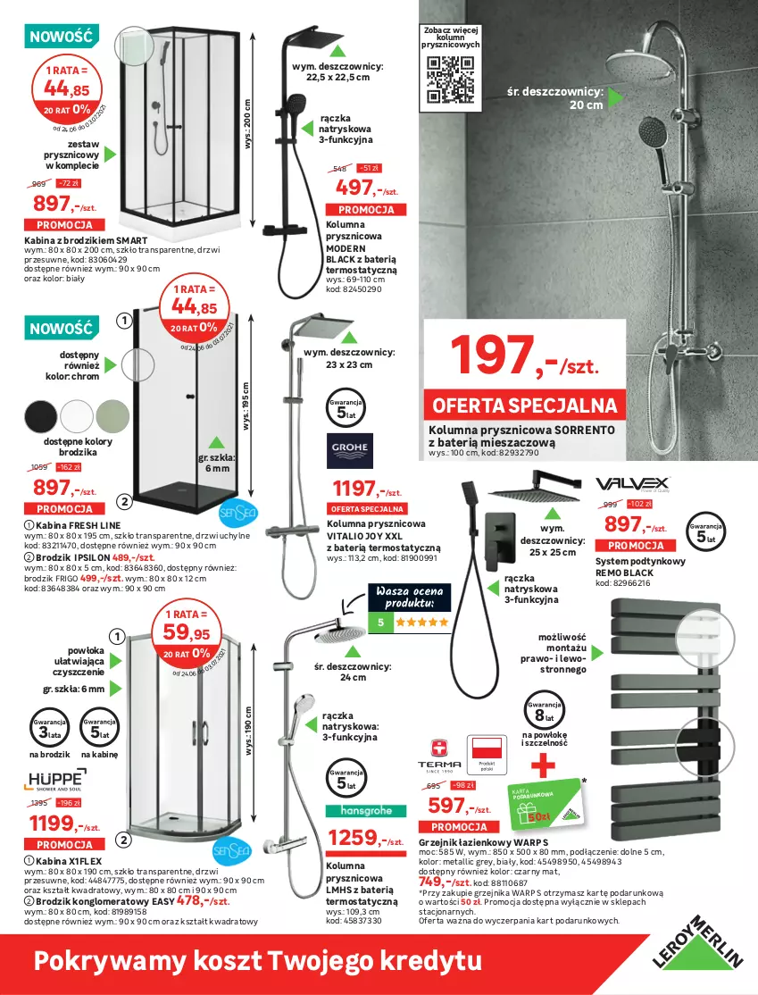 Gazetka promocyjna Leroy Merlin - Nowa Łazienka - ważna 24.06 do 03.07.2021 - strona 5 - produkty: Brodzik, Drzwi, Gra, Grzejnik, Grzejnik łazienkowy, Klej, Kosz, Lack, Parawan nawannowy, Pokrywa, Szkło grafitowe, Termos, Tran, Wanna, Zestaw prysznicowy