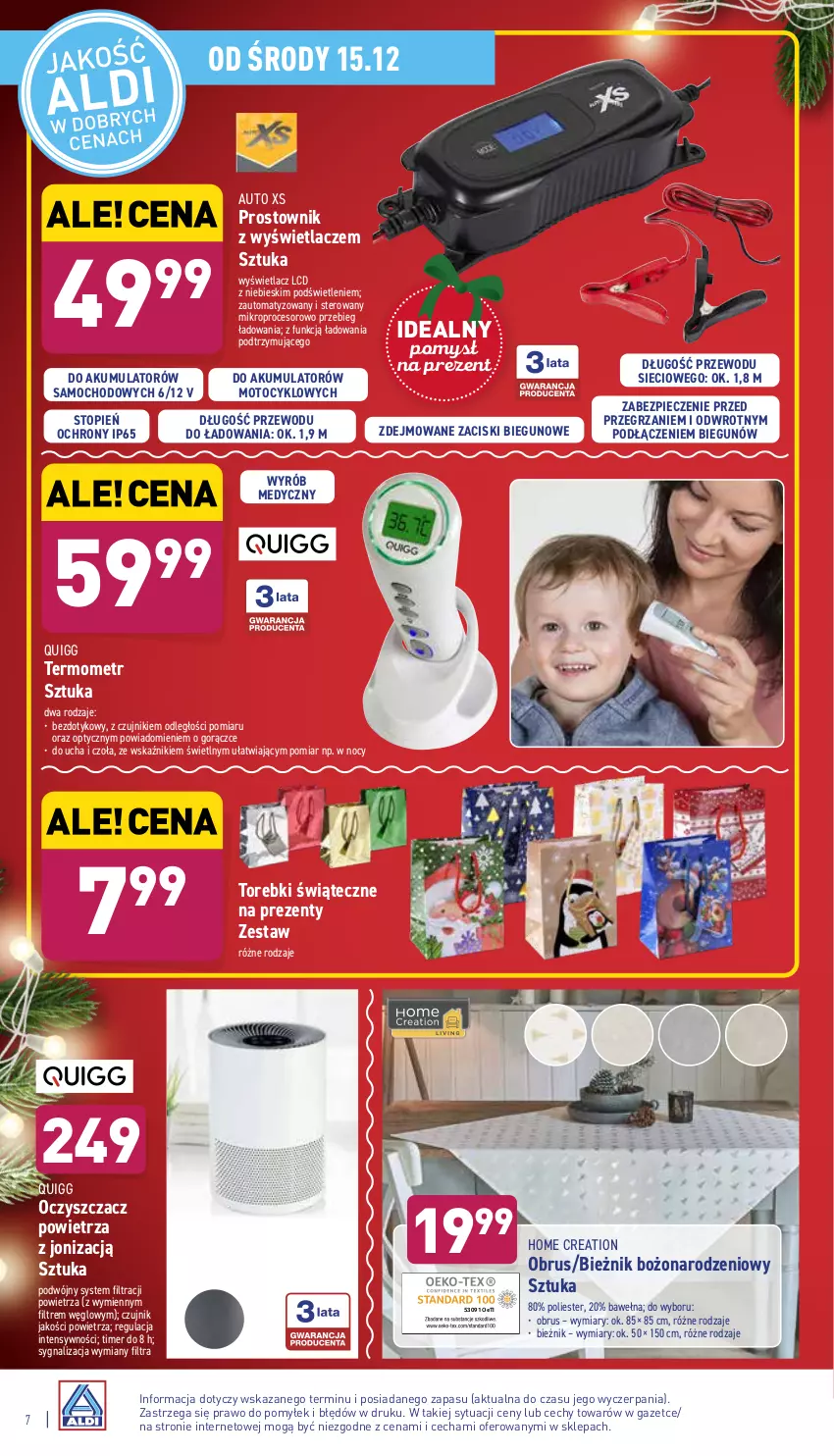 Gazetka promocyjna Aldi - ważna 15.12 do 19.12.2021 - strona 7 - produkty: Akumulator, Bieżnik, Obrus, Oczyszczacz powietrza, Piec, Procesor, Prostownik, Termometr, Top, Wełna