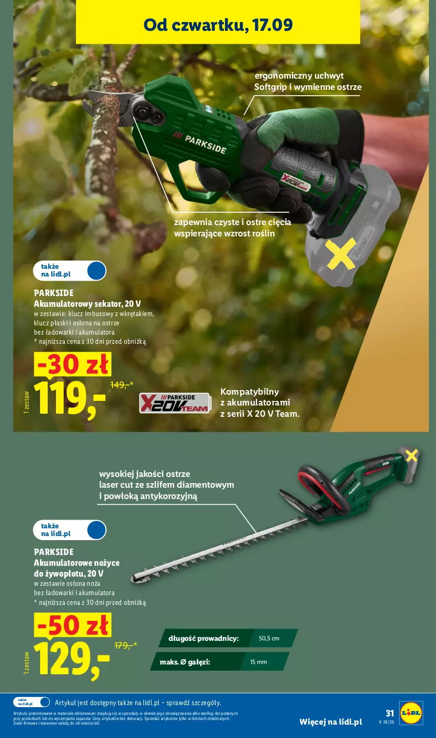 Gazetka promocyjna Lidl - Gazetka ważna od 14.09. do 19.09. - ważna 14.09 do 19.09.2026 - strona 39 - produkty: Akumulator, Noż, Nożyce, Parkside, Sekator, Ser, Sok, Wkręt