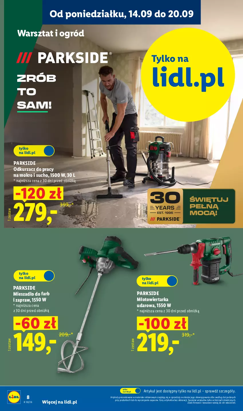 Gazetka promocyjna Lidl - Gazetka ważna od 14.09. do 19.09. - ważna 14.09 do 19.09.2026 - strona 8 - produkty: Fa, Mieszadło, Młot, Młotowiertarka, Odkurzacz, Ogród, Parkside, Tarka, Wiertarka, Wiertarka udarowa
