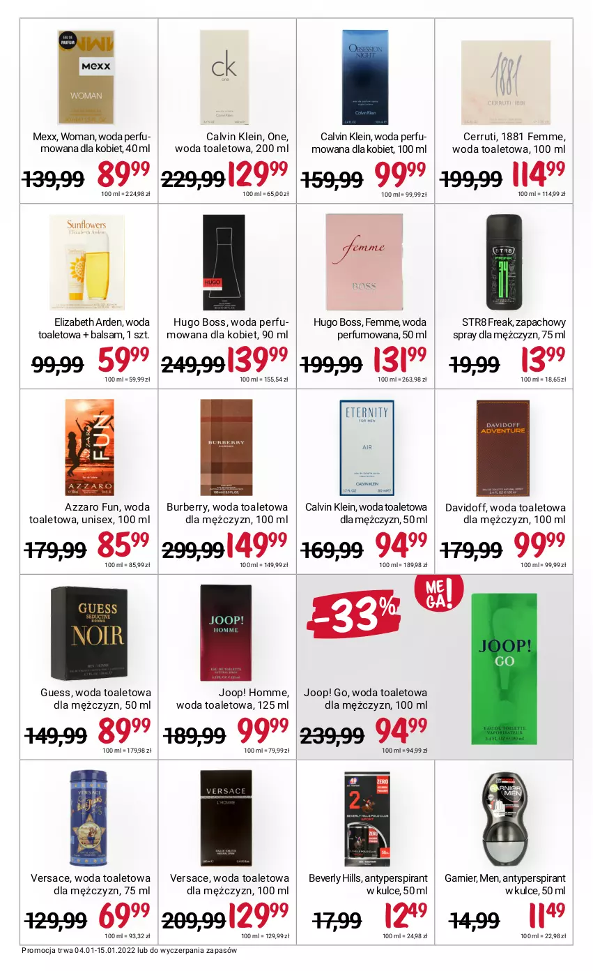 Gazetka promocyjna Rossmann - ważna 04.01 do 15.01.2022 - strona 11 - produkty: Antyperspirant, Azzaro, Burberry, Calvin Klein, Cerruti, Davidoff, Elizabeth Arden, Garnier, Hugo Boss, JOOP!, Mexx, Perfum, Str8, Versace, Woda, Woda perfumowana, Woda toaletowa