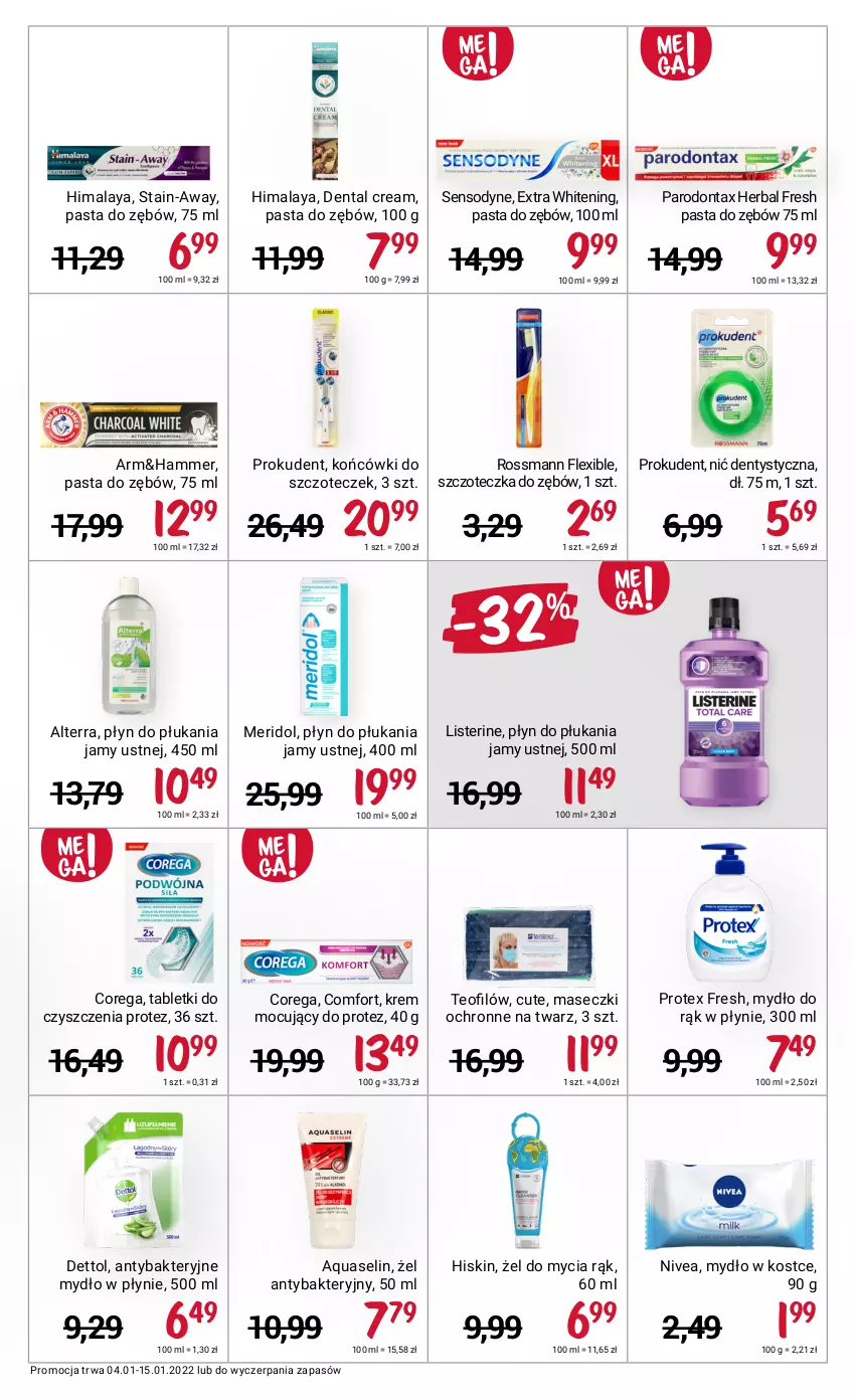 Gazetka promocyjna Rossmann - ważna 04.01 do 15.01.2022 - strona 13 - produkty: Alterra, Antybakteryjne mydło, Aquaselin, Corega, Dettol, Himalaya, Listerine, Mydło, Mydło w płynie, Nić dentystyczna, Nivea, Parodontax, Pasta do zębów, Płyn do płukania, Płyn do płukania jamy ustnej, Prokudent, Sensodyne, Szczoteczka, Szczoteczka do zębów, Tablet