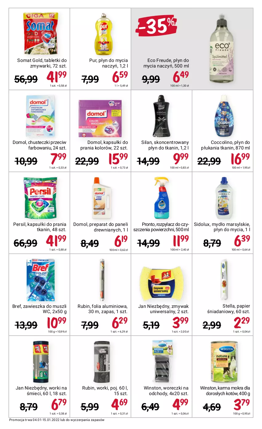 Gazetka promocyjna Rossmann - ważna 04.01 do 15.01.2022 - strona 3 - produkty: Bref, Chusteczki, Coccolino, Danio, Do mycia naczyń, Domol, Fa, Folia aluminiowa, Jan Niezbędny, Kapsułki do prania, Mars, Mus, Mydło, Papier, Persil, Płyn do mycia, Płyn do mycia naczyń, Płyn do płukania, Pronto, Pur, Rubin, Sidolux, Silan, Somat, Somat gold, Tablet, Tabletki do zmywarki, Winston, Worki na śmiec, Worki na śmieci, Zmywarki