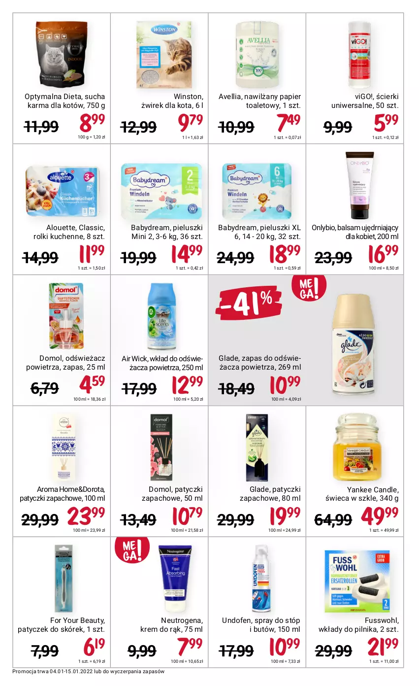 Gazetka promocyjna Rossmann - ważna 04.01 do 15.01.2022 - strona 4 - produkty: Air Wick, Alouette, Babydream, Domol, For Your Beauty, Krem do rąk, Nawilżany papier, Neutrogena, Odświeżacz powietrza, Papier, Papier toaletowy, Pilnik, Rolki, Rolki kuchenne, Sucha karma, Undofen, Winston