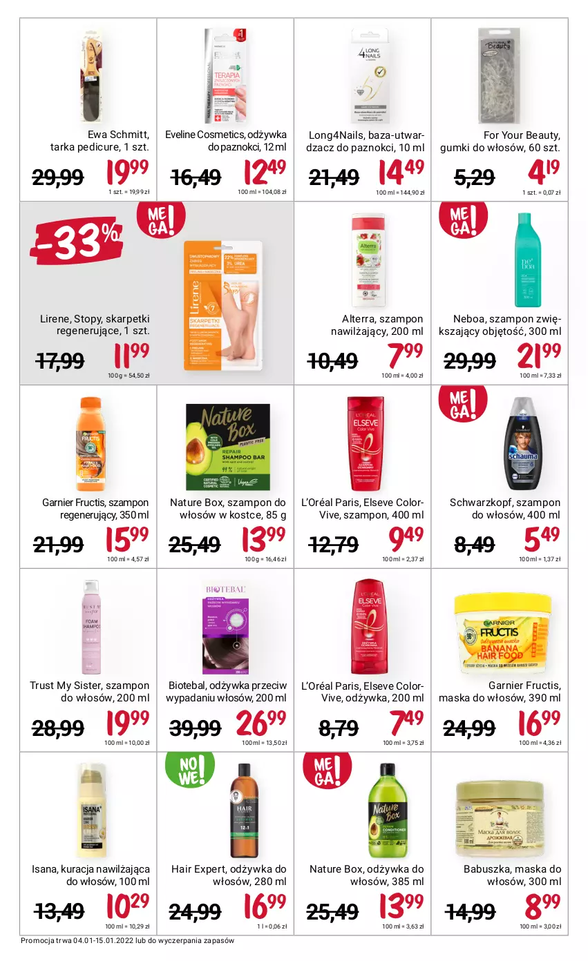 Gazetka promocyjna Rossmann - ważna 04.01 do 15.01.2022 - strona 5 - produkty: Alterra, BIOTEBAL, Elseve, Eveline, Ewa Schmitt, For Your Beauty, Fructis, Garnier, Isana, Karp, L’Oréal, Lirene, Maska, Maska do włosów, Nature Box, Odżywka, Rust, Schwarzkopf, Skarpetki, Szampon, Tarka, Top