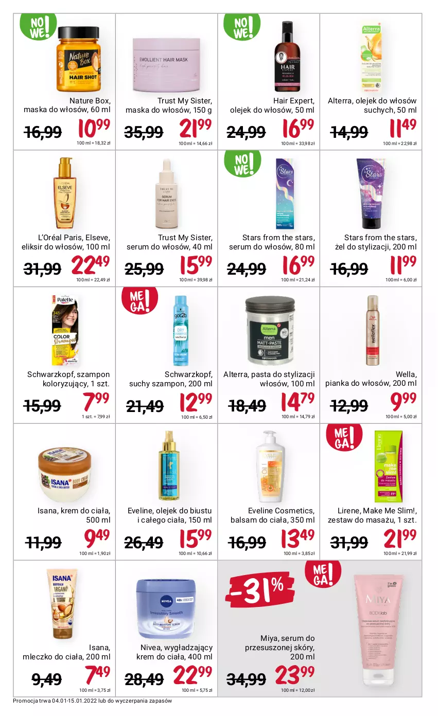 Gazetka promocyjna Rossmann - ważna 04.01 do 15.01.2022 - strona 6 - produkty: Alterra, Balsam do ciała, Elseve, Eveline, Isana, Krem do ciała, L’Oréal, Lirene, Maska, Maska do włosów, Mleczko, Mleczko do ciała, Nature Box, Nivea, Olej, Pianka do włosów, Rum, Rust, Schwarzkopf, Ser, Serum, Serum do włosów, Suchy szampon, Szampon, Wella