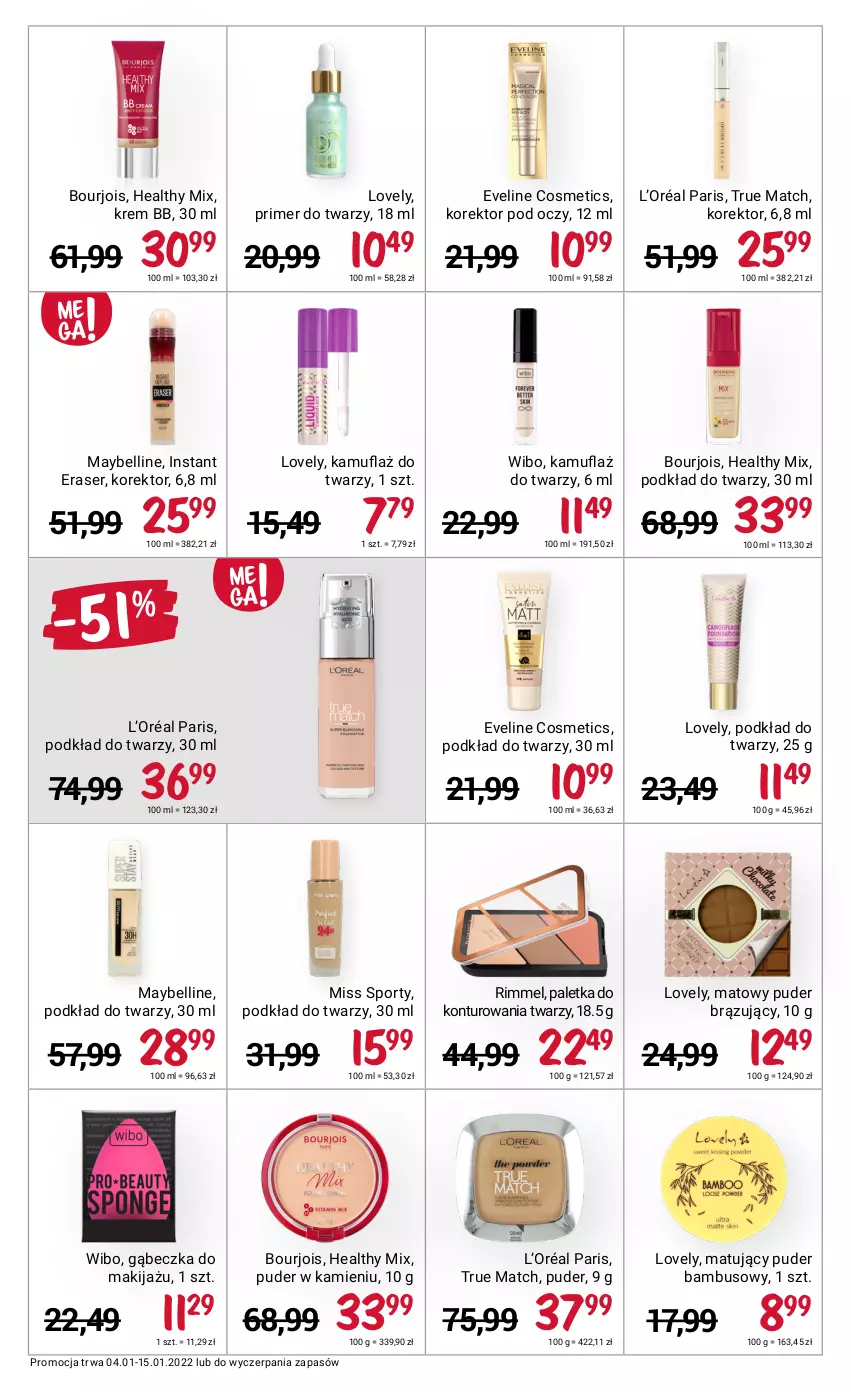 Gazetka promocyjna Rossmann - ważna 04.01 do 15.01.2022 - strona 9 - produkty: Bell, Bourjois, Eveline, Krem bb, L’Oréal, Lovely, Makijaż, Maybelline, Miss Sporty, Podkład, Podkład do twarzy, Por, Puder, Ser, Sport, Wibo