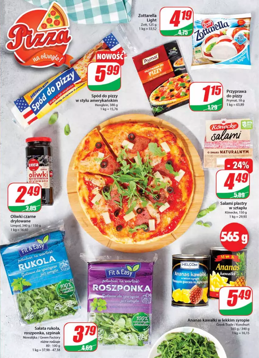 Gazetka promocyjna Dino - Gazetka - ważna 04.05 do 10.05.2022 - strona 9 - produkty: Ananas, Fa, Oliwki, Oliwki czarne, Prymat, Roszponka, Rukola, Salami, Sałat, Spód do pizzy, Syrop, Szpinak, Zott, Zottarella