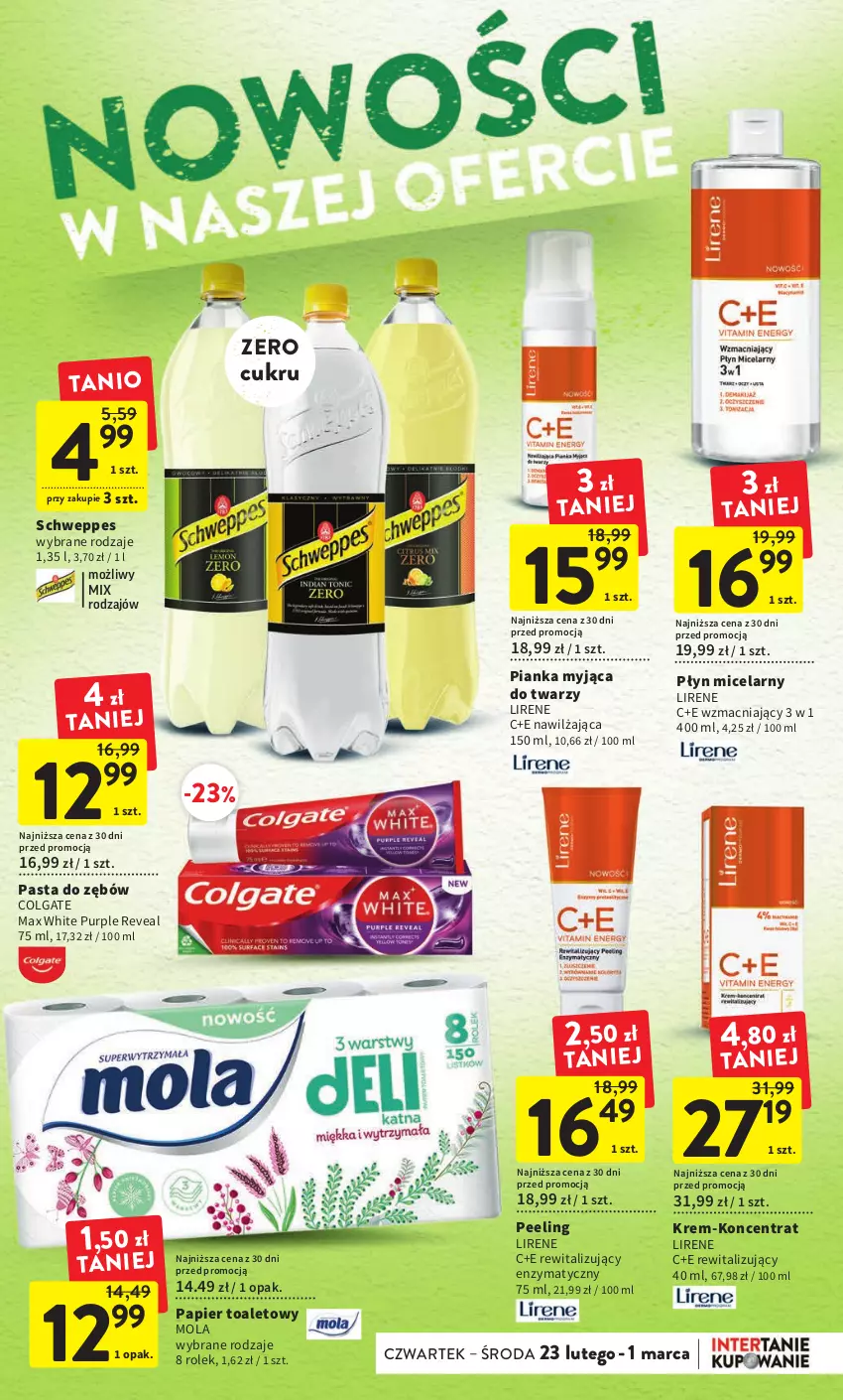 Gazetka promocyjna Intermarche - Gazetka Intermarche - ważna 23.02 do 01.03.2023 - strona 33 - produkty: Colgate, LG, Lirene, Mola, Papier, Papier toaletowy, Pasta do zębów, Peeling, Płyn micelarny, Pur, Schweppes