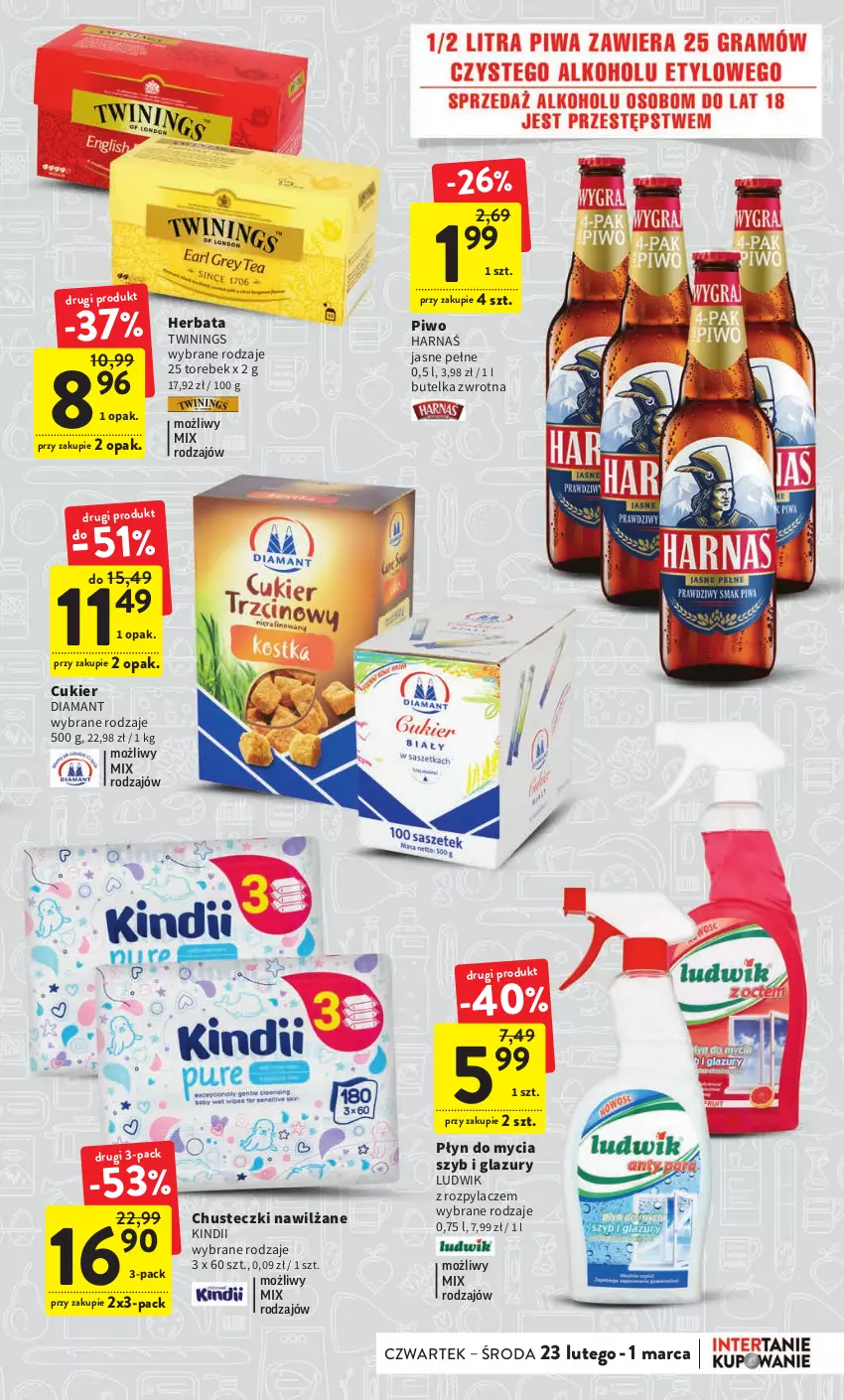 Gazetka promocyjna Intermarche - Gazetka Intermarche - ważna 23.02 do 01.03.2023 - strona 5 - produkty: Chusteczki, Cukier, Diamant, Harnaś, Herbata, Kindii, Lazur, Ludwik, Piwo, Płyn do mycia