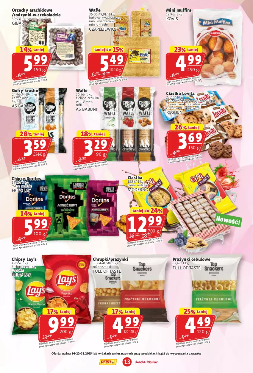 Gazetka promocyjna Prim Market - ważna 14.08 do 20.08.2025 - strona 13 - produkty: Babuni, Chipsy, Chrupki, Ciastka, Gofry, Kakao, Lovi, Papryka, Rodzynki