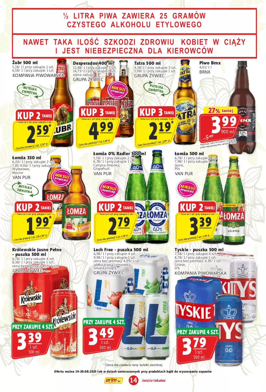 Gazetka promocyjna Prim Market - ważna 14.08 do 20.08.2025 - strona 14 - produkty: Desperados, Gra, Królewski, Limonka, Mięta, Piwo, Pur, Radler, Tatra, Tyskie