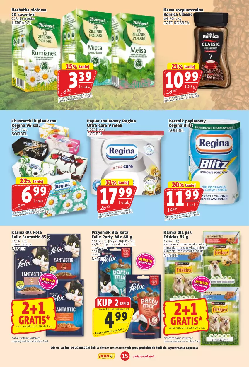Gazetka promocyjna Prim Market - ważna 14.08 do 20.08.2025 - strona 15 - produkty: Chusteczki, Fa, Fanta, Felix, Friskies, Gin, Gra, Grill, Herbapol, Kawa, Kawa rozpuszczalna, Kurczak, Marchewka, Papier, Papier toaletowy, Por, Przysmak dla kota, Ręcznik, Wołowina