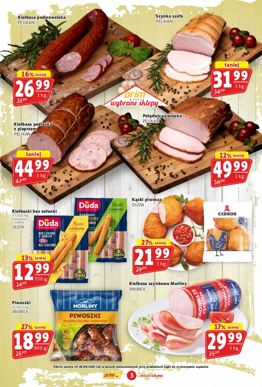 Gazetka promocyjna Prim Market - ważna 14.08 do 20.08.2025 - strona 3 - produkty: Duda, Fa, Kiełbasa, Kiełbasa podwawelska, Kiełbasa szynkowa, Morliny, Pieprz, Piwo, Polędwica, Ser, Szynka, Wawel