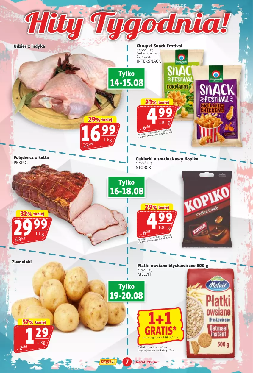 Gazetka promocyjna Prim Market - ważna 14.08 do 20.08.2025 - strona 7 - produkty: Chrupki, Cukier, Cukierki, Gra, Grill, Melvit, Pekpol, Płatki owsiane, Polędwica, Por, Udziec z indyka, Ziemniaki