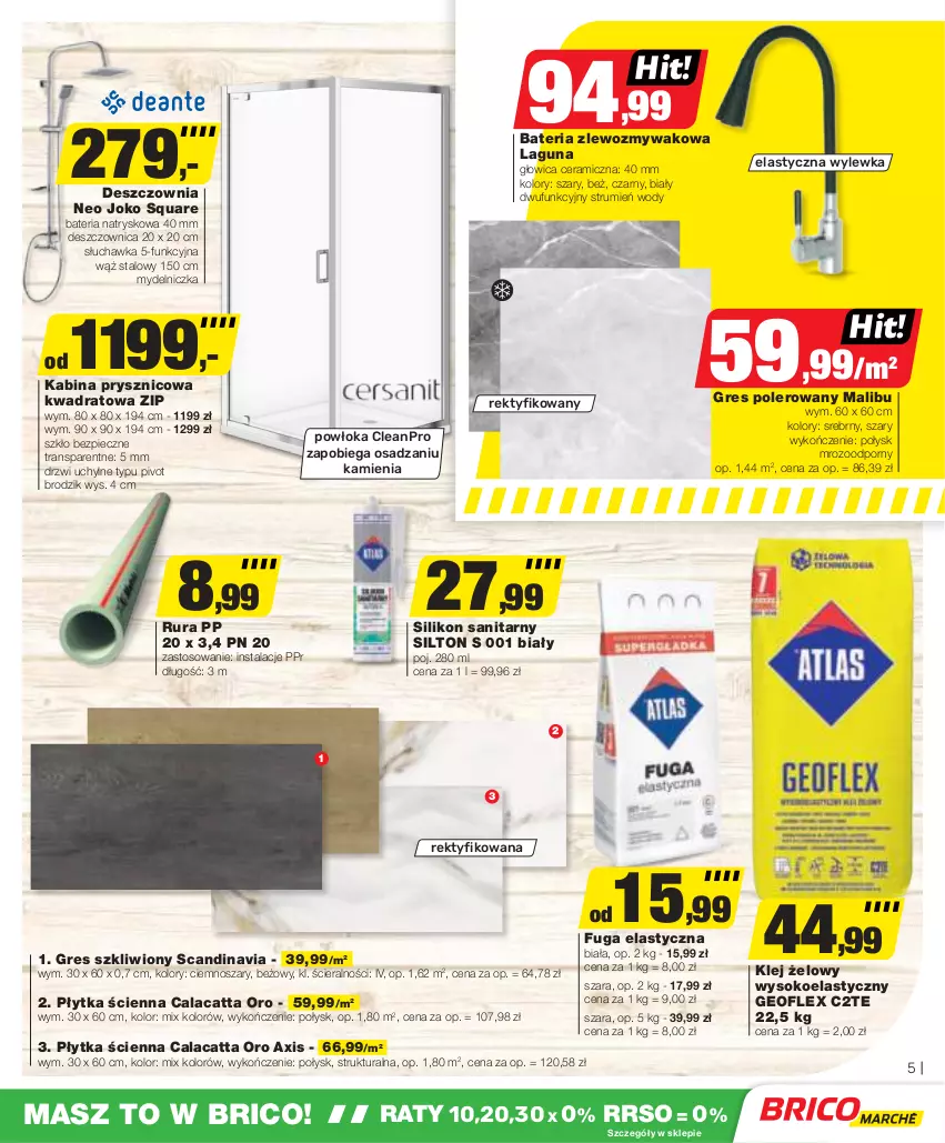 Gazetka promocyjna Bricomarche - Gazetka - ważna 10.04 do 20.04.2024 - strona 5 - produkty: Bateria, Brodzik, Drzwi, Geoflex, Gres, Gres szkliwiony, Kabina prysznicowa, Klej, Malibu, Mydelniczka, Piec, Płytka, Por, Rum, Rura, Silikon sanitarny, Sok, Tran, Zlew, Zlewozmywak