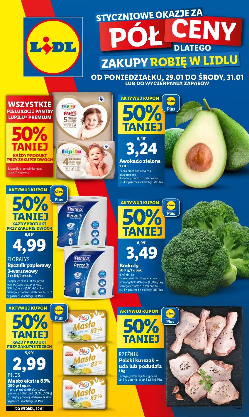 Gazetka promocyjna Lidl - GAZETKA - ważna 29.01 do 31.01.2024 - strona 1 - produkty: Brokuły, Flora, Kurczak, Masło, Papier, Pilos, Ręcznik, Rolki