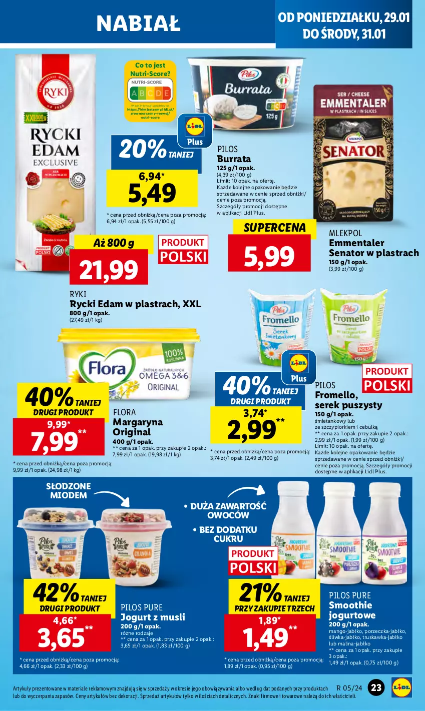 Gazetka promocyjna Lidl - GAZETKA - ważna 29.01 do 31.01.2024 - strona 33 - produkty: Burrata, Edam, Emmental, Flora, Gin, Jogurt, Mango, Margaryna, Mus, Olej, Pilos, Por, Pur, Rycki Edam, Ser, Serek, Serek puszysty, Smoothie, Wazon