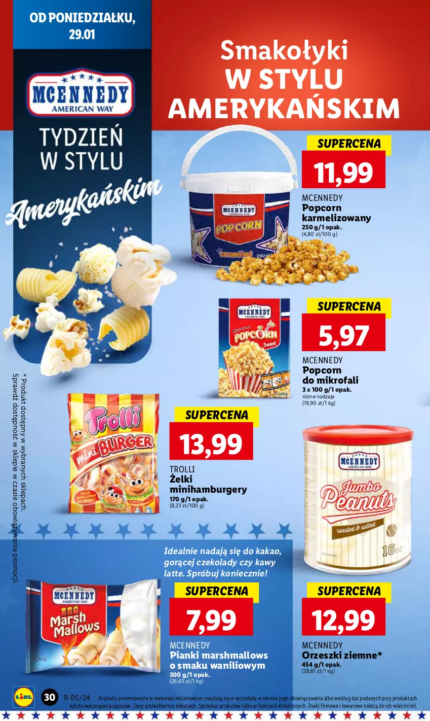 Gazetka promocyjna Lidl - GAZETKA - ważna 29.01 do 31.01.2024 - strona 40 - produkty: Burger, Fa, Hamburger, Kakao, Mars, Marshmallows, Orzeszki, Orzeszki ziemne, Popcorn