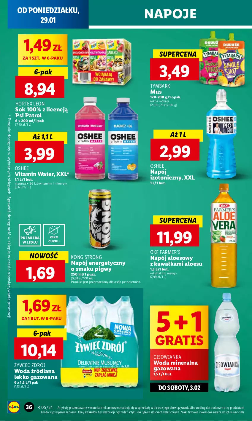 Gazetka promocyjna Lidl - GAZETKA - ważna 29.01 do 31.01.2024 - strona 48 - produkty: Cisowianka, Fa, Gin, Gra, Hortex, Kawa, LANA, Leon, Magnez, Mango, Mus, Napój, Napój energetyczny, Napój izotoniczny, Napoje, Oshee, Psi Patrol, Sok, Tymbark, Woda, Woda mineralna