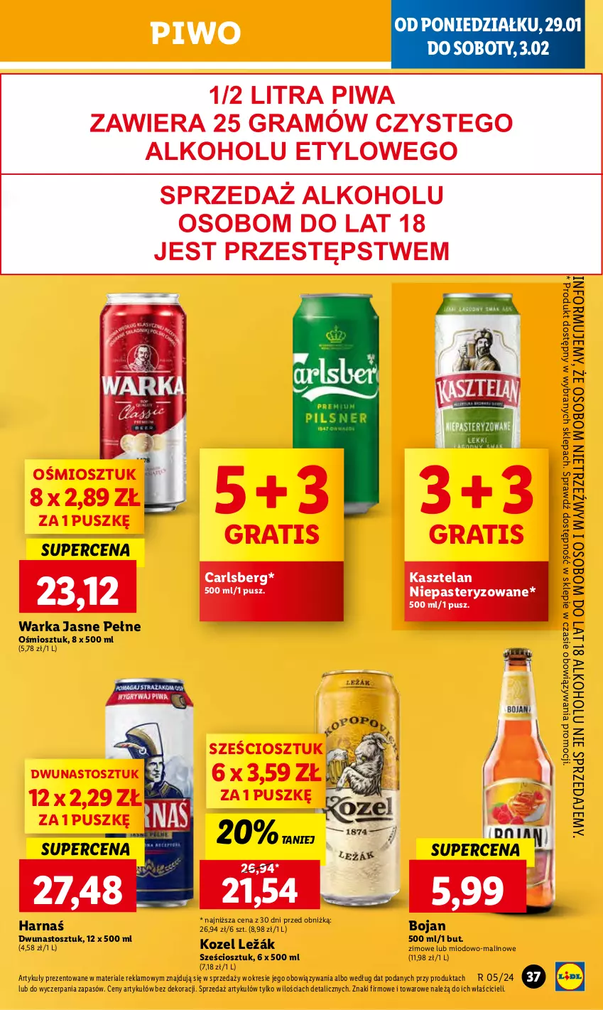 Gazetka promocyjna Lidl - GAZETKA - ważna 29.01 do 31.01.2024 - strona 49 - produkty: Carlsberg, Gra, Harnaś, Kasztelan, Kozel, Piwo, Warka