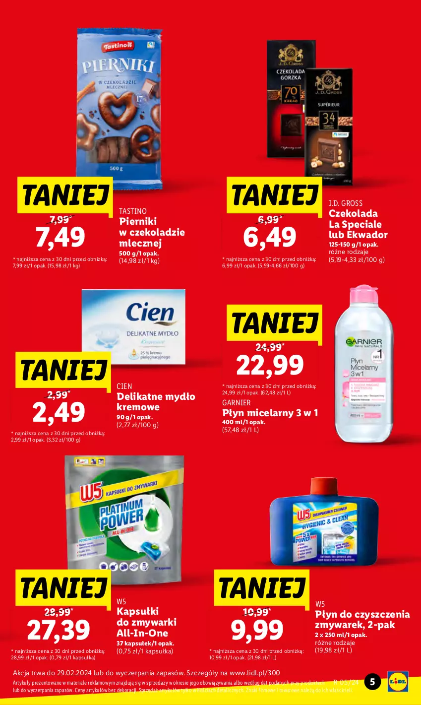 Gazetka promocyjna Lidl - GAZETKA - ważna 29.01 do 31.01.2024 - strona 5 - produkty: Czekolada, Garnier, Mydło, Piernik, Pierniki w czekoladzie, Płyn micelarny, Zmywarki