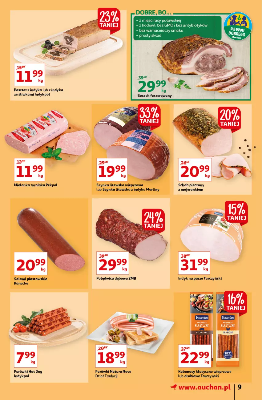 Gazetka promocyjna Auchan - przeNISKIE CENY prze smacznego Dnia Kobiet Hipermarkety - ważna 03.03 do 09.03.2022 - strona 9 - produkty: Boczek, Fa, Hot dog, Kabanos, Mielonka tyrolska, Morliny, Parówki, Parówki hot dog, Pasztet, Pasztet z indyka, Pekpol, Piast, Piec, Polędwica, Salami, Szynka, Tarczyński