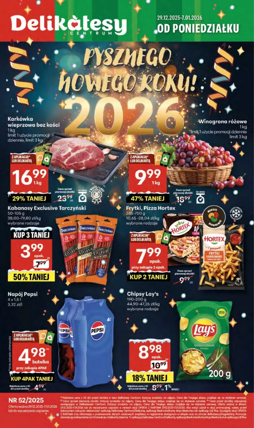 Gazetka promocyjna Delikatesy Centrum - Franczyza DC52 Czwartek - ważna 29.12.2025 do 07.01.2026 - strona 1 - produkty: Chipsy, Dron, Frytki, Hortex, Kabanos, Koc, Pizza, Rama, Rum, Tarczyński, Wino, Winogrona